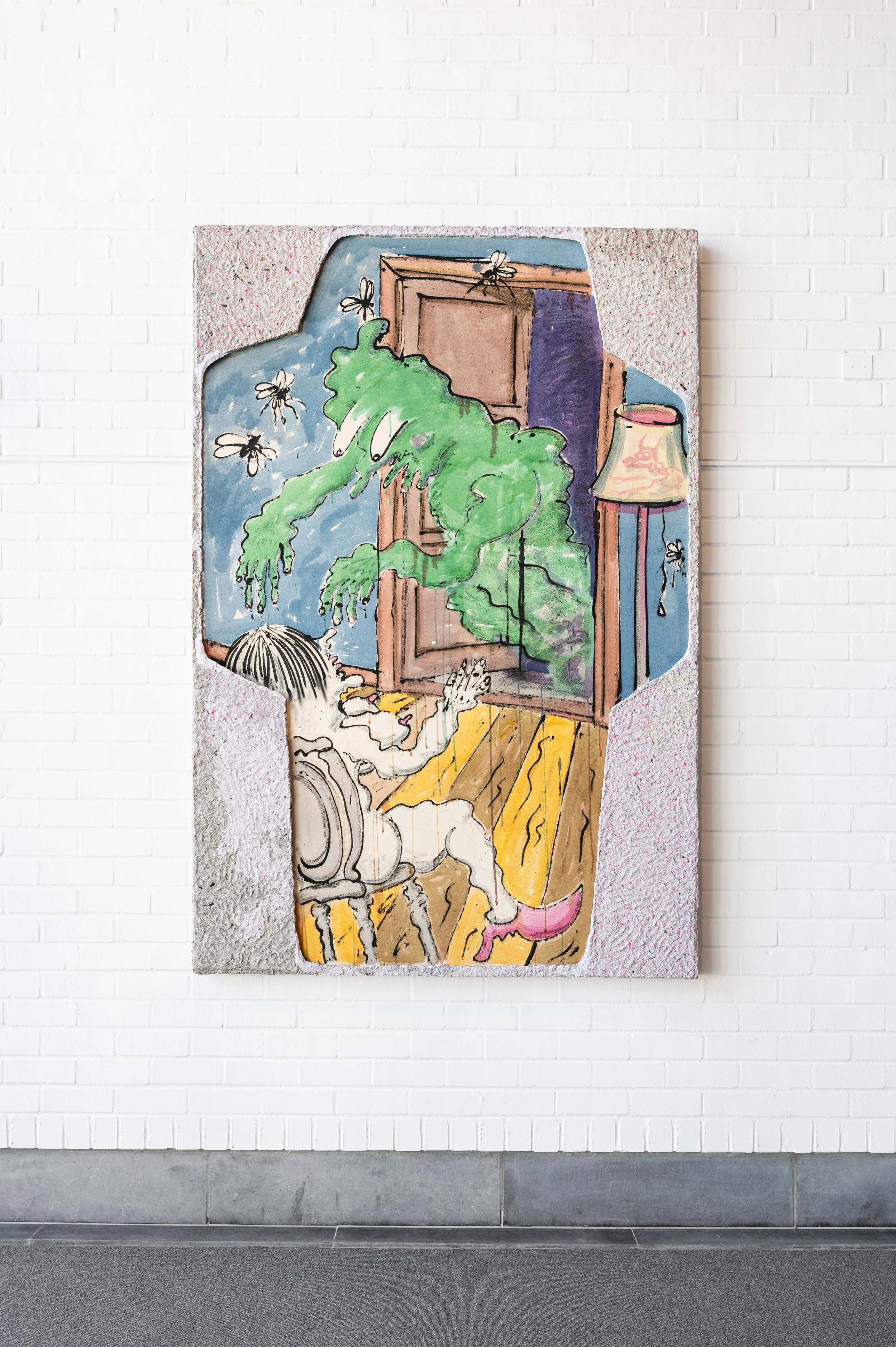  Just a scared little thing, in the end, 2025, spray paint, shellac ink, and oil stick on canvas, with hardened papier-mâché frame, 202 x 138 cm 