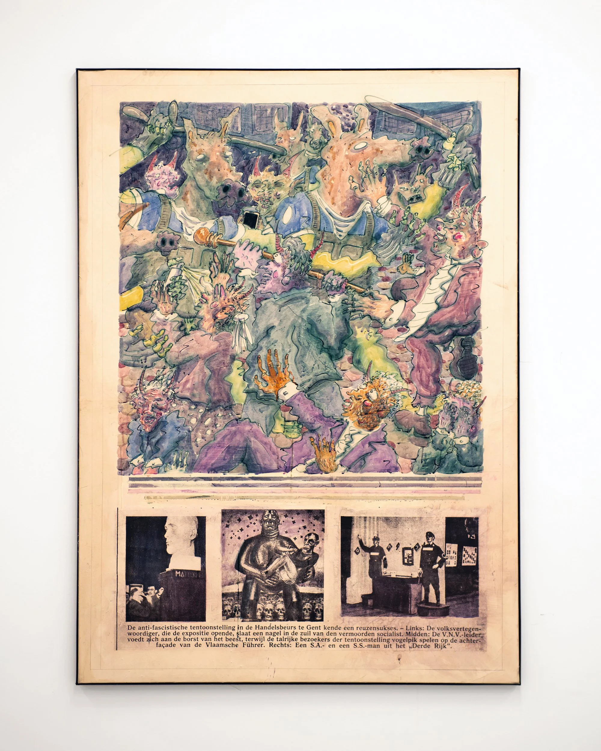  The anti-fascist exhibition at the Handelsbeurs in Ghent was a giant success, 1933 – 2026, silk screen, shellac ink, watercolor and graphite on Kitakata paper, mounted on canvas, with steel frame, 181 × 131 cm. 