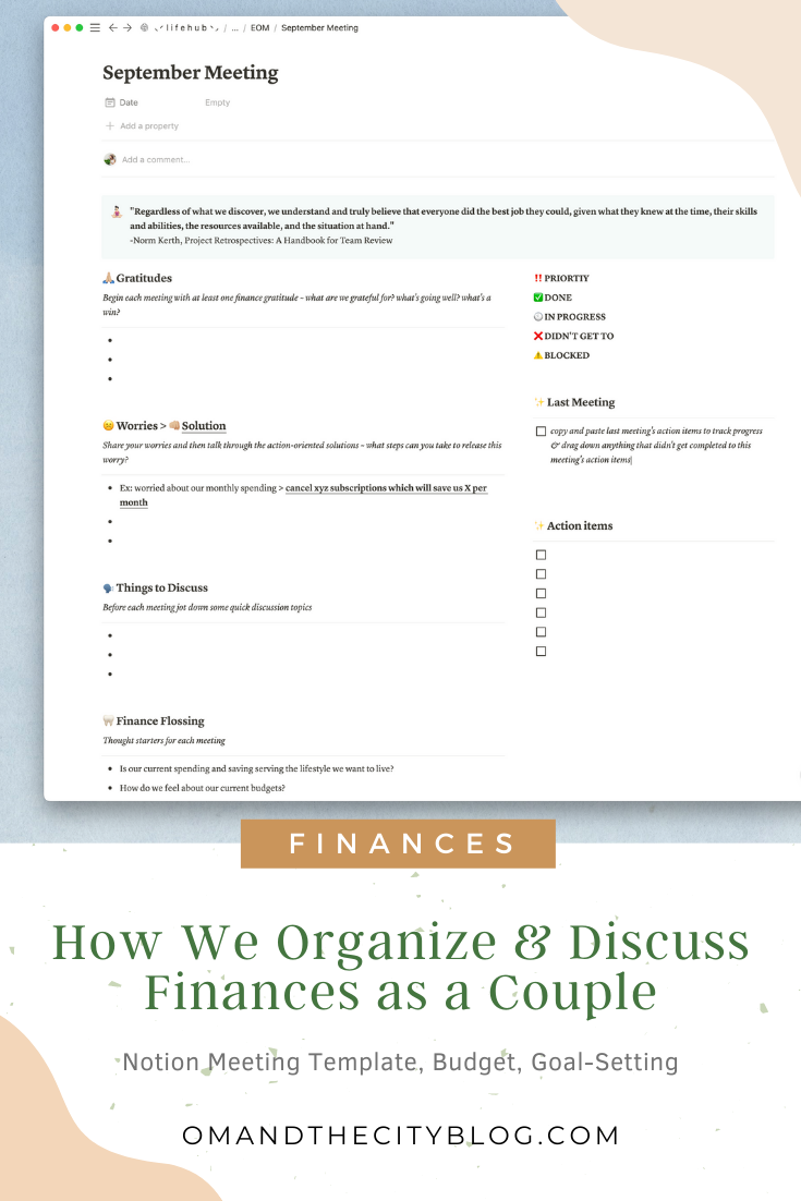 In this video, my hubs and I share how we organize and talk about money as a couple (+ get our FREE Notion finance template!). Each month, we sit down for a finance meeting together where we recap the month, check-in on our budgets, our savings, inv…