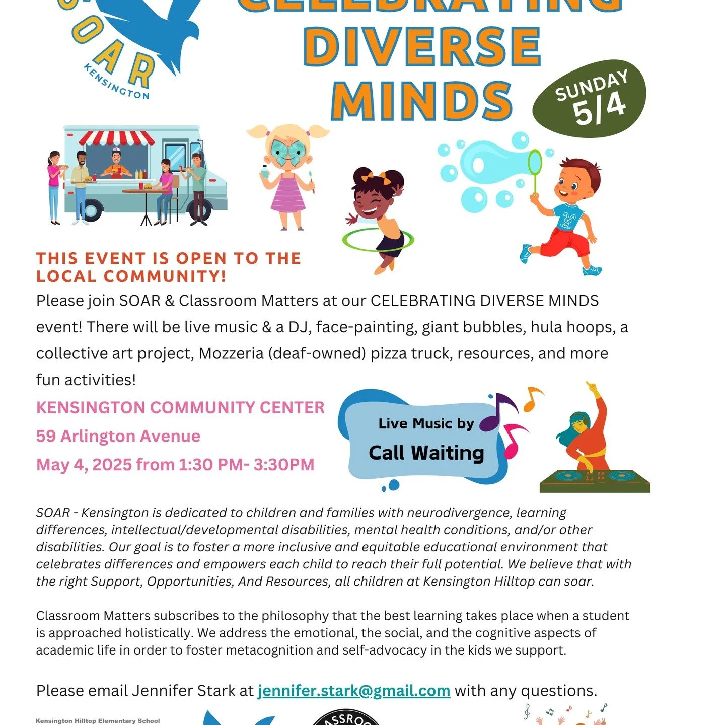 I'll have a table at the Celebrating Diverse Minds resource fair at the Kensington Community Center on May 4, from 1:30-3:30. I'd love to see you there!
This is a free, kid-friendly event with lots of fun entertainment (big bubbles, face painting, a