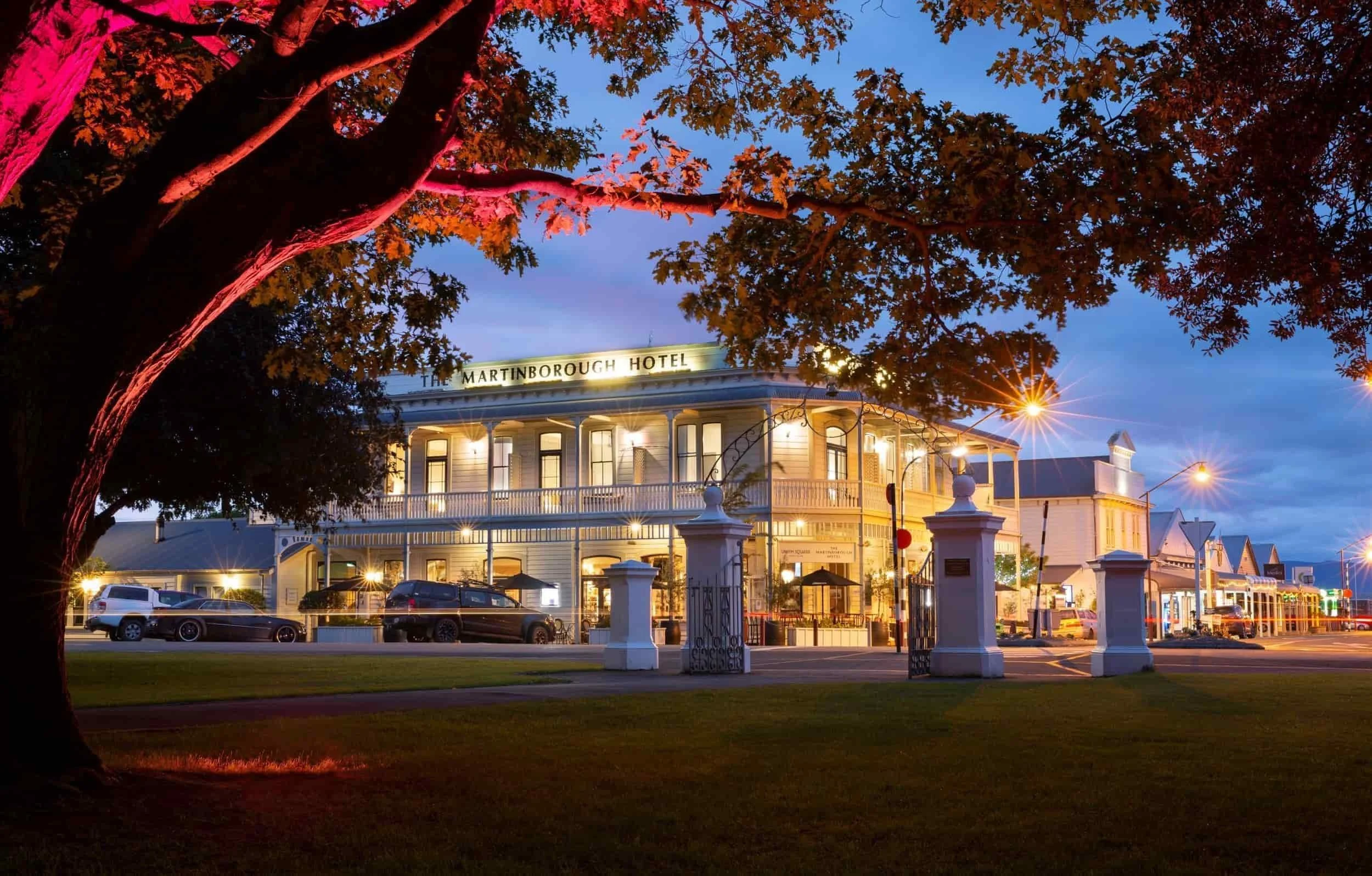 The Martinborough Hotel at night from Martinborough square