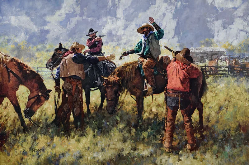 *****SOLD***** "MISTER, THOSE HORSES YONDER ARE THE LAST YOU'LL BE RUSTLIN'" - oil on linen - 28" x 42"