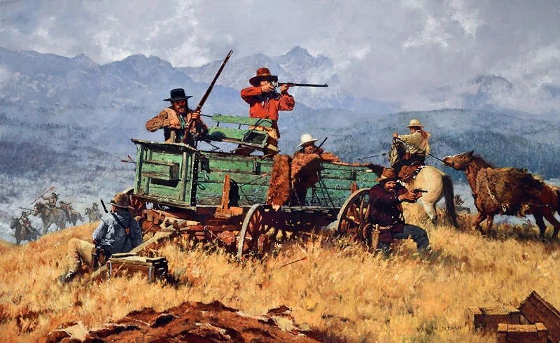 ****SOLD**** "A FIGHT FOR LIFE, A FIGHT FOR A WAY OF LIFE" - oil on linen - 32"h x 52"w Sold at the Quest For The West , Eiteljorg Museum, Indianapolis, IN Sept 9-10, 2016 This painting won the ARTISTS CHOICE AWARD for Michael - his 3rd such award in a row! 