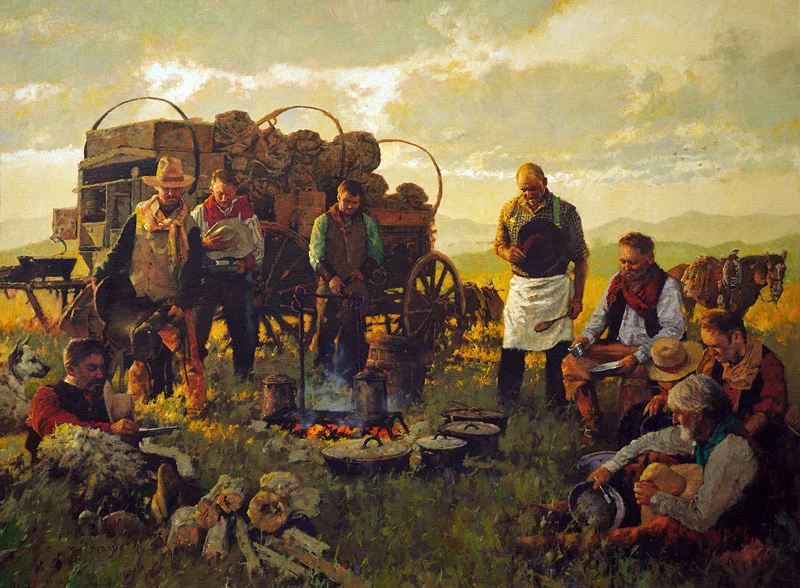 ****SOLD**** "GIVING THANKS FOR FAIR WEATHER, SWEET GRASS, AND A HOT SUPPER" oil on linen - 40"h x 54"w Sold at Quest For The West, Eiteljorg Museum - Indianapolis, IN Sept 5-6, 2014 Winner of 2 Award s at the show - PATRON'S CHOICE AWARD and the ARTISTS' CHOICE AWARD