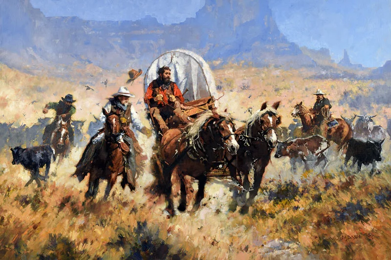 ****SOLD**** "COWBOY HEROICS AND A CHUCK WAGON CHASE" - oil on linen - 32" x 48" Sold at the Exhibition and Sale to Benefit the C. M. Russell Museum at the Mansfield Convention Center, Great Falls, MT 