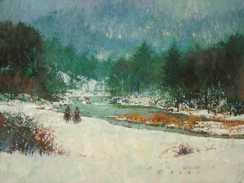 "SNOWY RIVER RIDE" - oil on linen - 9"h x 12"w - SOLD