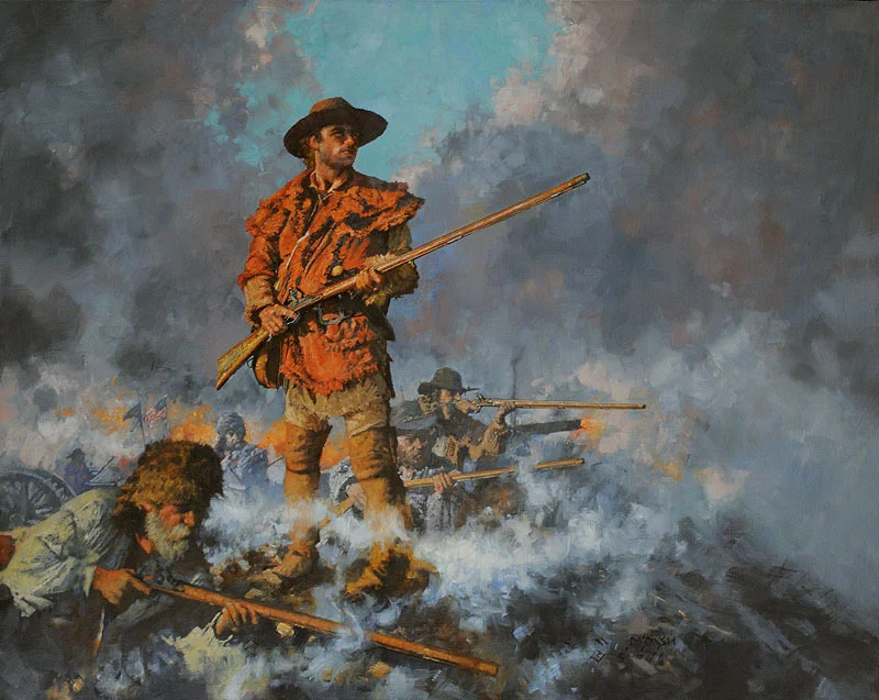 "FEARLESSLY HE FACED THE ADVANCE" - oil on linen - 24"h x 30"w - SOLD Done as the 4th in a series of four historical paintings for a book on the Kentucky long rifle, to be published in the Spring of 2012. In this painting we are looking at the Battle of New Orleans in 1815, early in the morning when the British were advancing on the American forces, and a courageous militia man stood above the ramparts looking for a British victim to waylay with his long rifle.