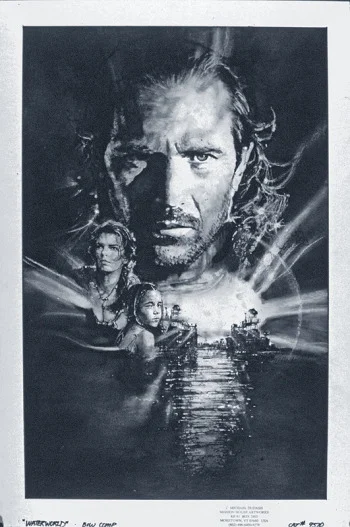 "Waterworld" B & W Comp Sketch - Oil & Charcoal on Illus. Bd. - 21.75"h x 14"w Universal Studios Unpublished - copyright C M Dudash 12/17/95 AVAILABLE - Contact C M Dudash for pricing and more information