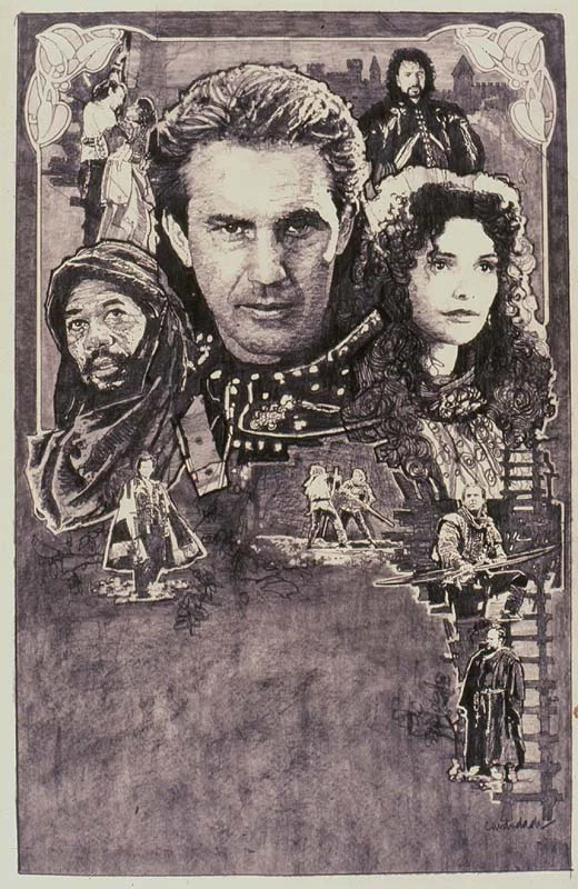 "ROBIN HOOD - PRINCE OF THIEVES" - Charcoal on Illus Bd - 24"h x 15"w - SOLD Unpublished B&W Movie Comp for Warner Bros; Kevin Costner, Morgan Freeman 1991 Owned by private collector