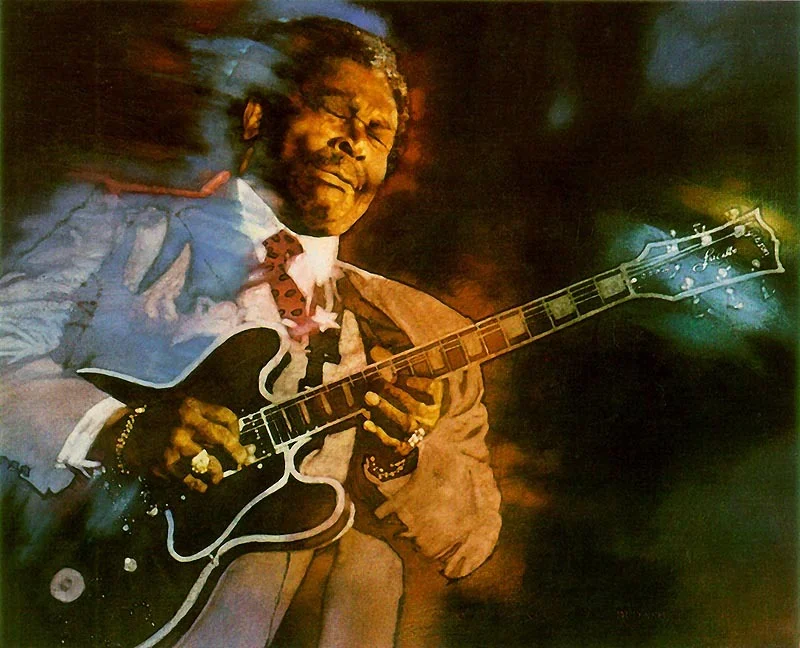 "B.B. KING" Oil on Linen - 30"h x 38"w Published as a limited Edition Print by Triad Publishing; CLICK HERE to order print Original painting AVAILABLE FOR SALE ; signed on front by B. B. King Contact C. Michael Dudash for pricing and details
