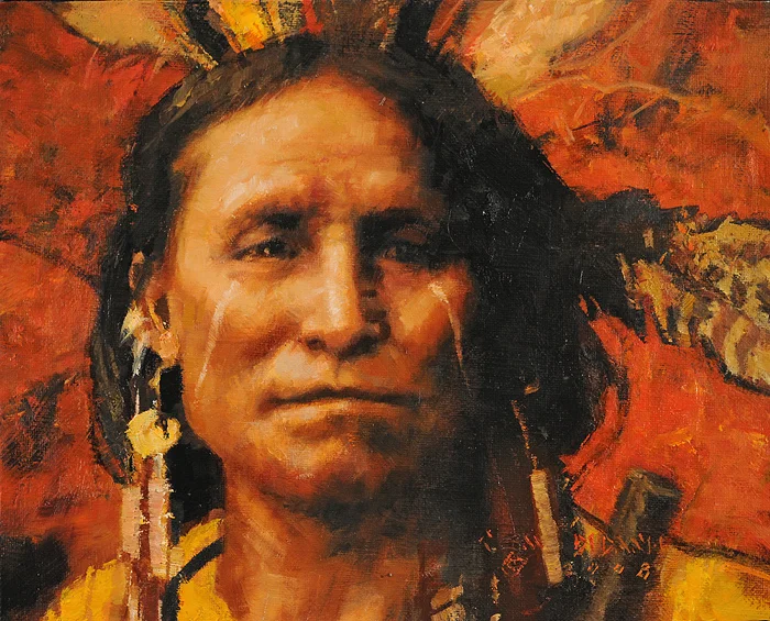 "LAKOTA" - oil on linen - 8"h x 10"w - SOLD Painted as a companion piece to "He Wore A Feather"