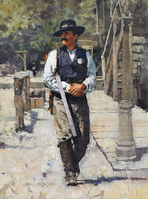“OLE’ 12 GAUGE STARTS HIS MORNING ROUNDS” Oil on Linen 16” x 12” SOLD