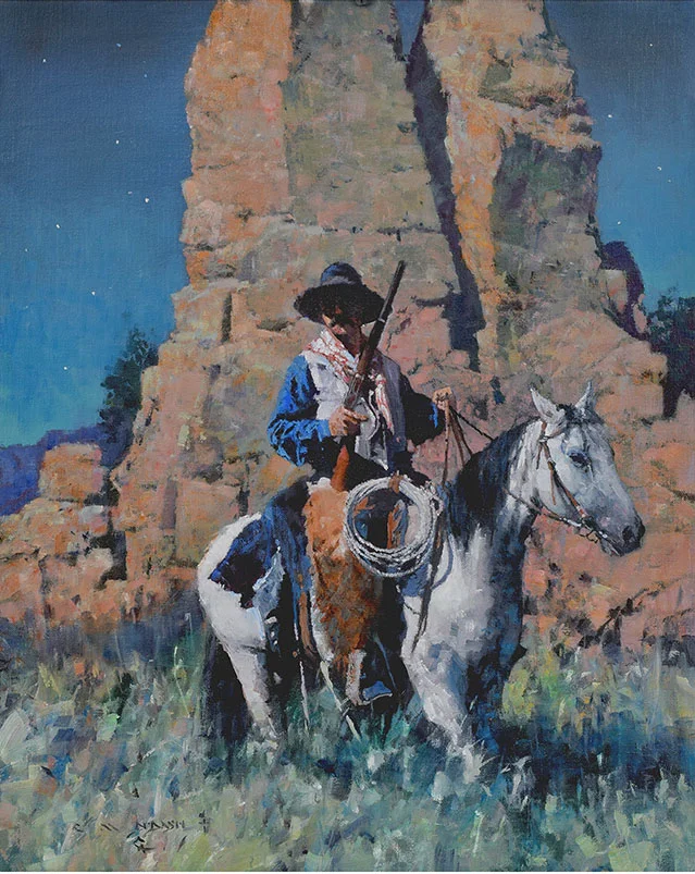 “WAITING ON FIRST LIGHT” Oil on Line 20” x 16” Available at Settlers West Gallery, Tucson, AZ