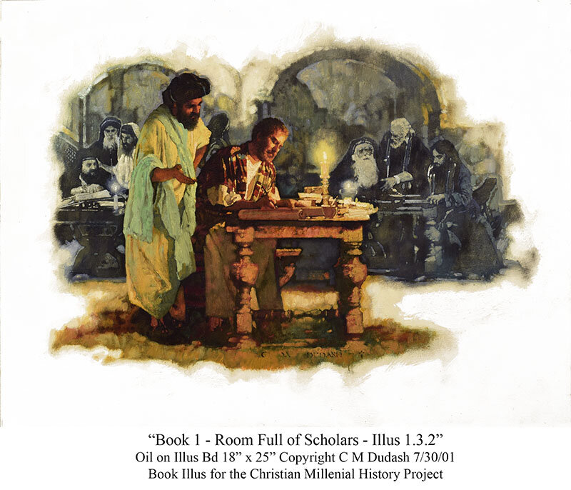 “Room Full Of Scholars” Illustration for the series of books called the Christian History Millennial Project 2001 Oil on Illustration Board 18” x 25”