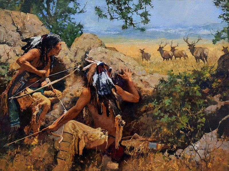  ****SOLD**** “Chasing The Ponoka - (Elk- Blackfeet)”   Oil on Linen  28” x 38” SOLD at  Cowboy Artists of America Annual Show &amp; Exhibition  Nov 7-8, 2025, Fort Worth, TX 