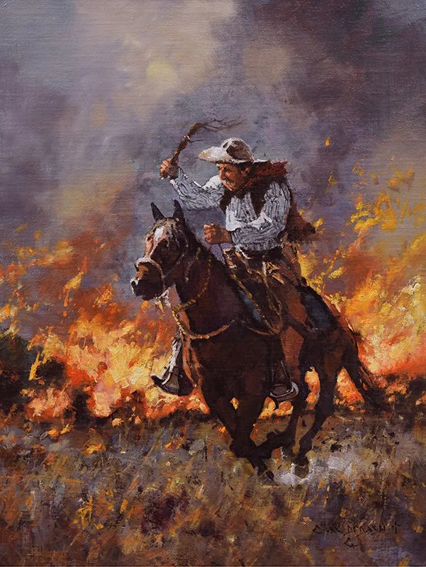  “Fire Flight”  Oil on Linen  16” x 12” Available at “Small Works Show” Dec 11, 2025  The Legacy Gallery, Scottsdale, AZ  