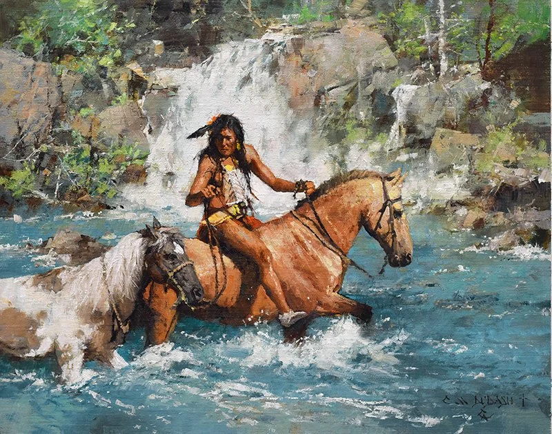  “A Shortcut Means Gettin’ Wet”  Oil on Linen  16” x 20” Available at the  Western Horizons Show  Legacy Gallery, scottsdale, AZ Feb 27-28, 2026 