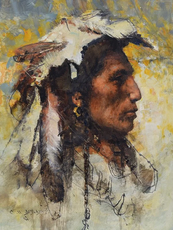  ****SOLD****   “Indigenous”  Oil on Panel  12”h x 9”w Donated to  Prix De West  June 12-13, 2026 National Cowby &amp; Western Heritage Museum, OKC, OK   