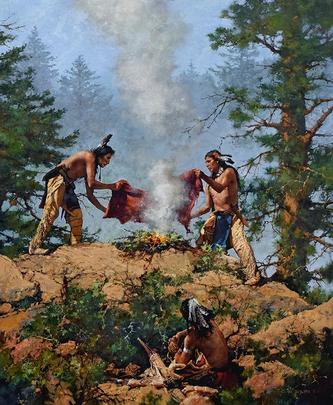  “Smoke That Talks”  Oil on Linen  46”h x 38”w Available the  Cowboy Artists of America Show Oct 2-3, 2026  The Legacy Building, Denver, CO  