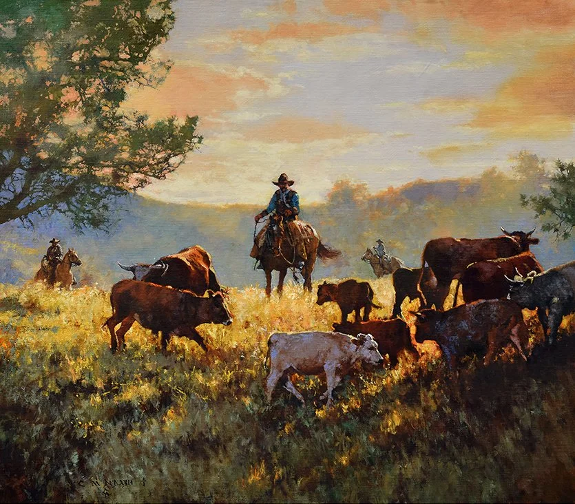  “First Light, We Round Up Those Strays”  Oil on Linen  28” x 32” Available the  Cowboy Artists of America Show Oct 2-3, 2026  The Legacy Building, Denver, CO 