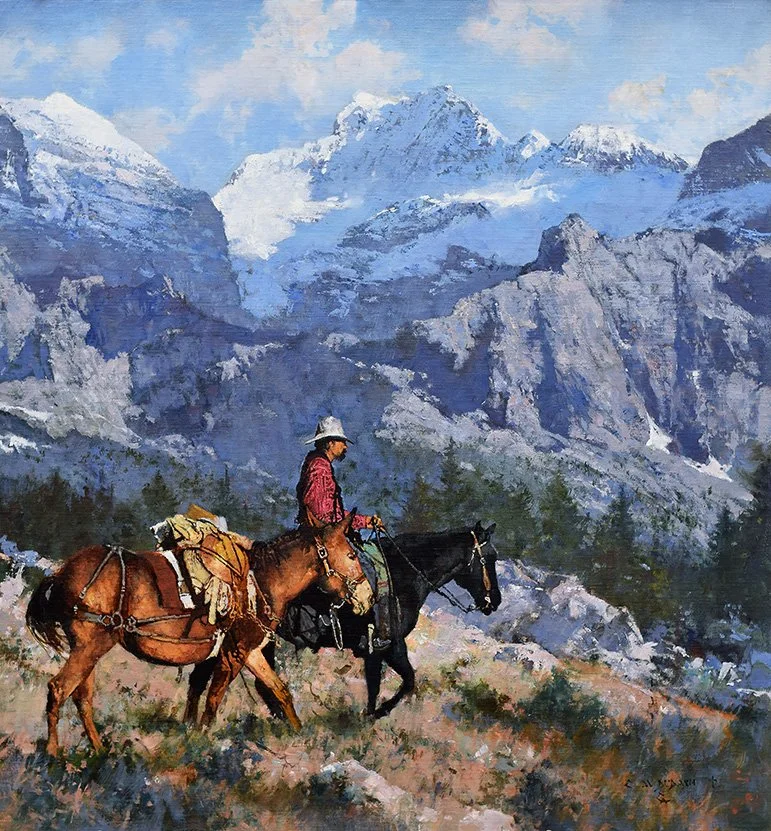  “There’s Gold In Them Thar’ Hills”  Oil on Linen  32”h x 28”w Available the  Cowboy Artists of America Show Oct 2-3, 2026  The Legacy Building, Denver, CO 