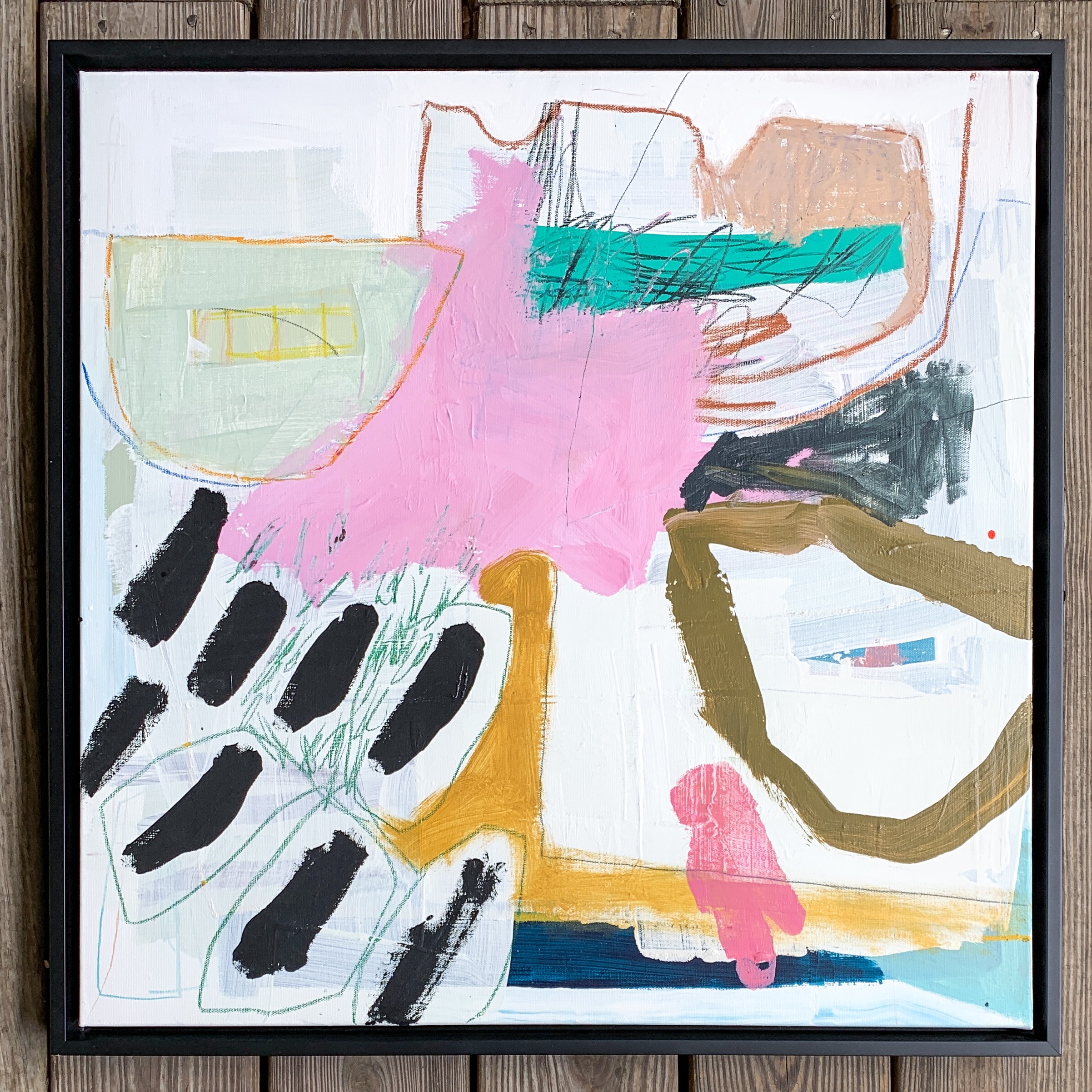 SUNSHINE SEEKER 24X24x2%22 mixed medium on canvas with a black floater frame (eggshell paint finish) $950 . 2.jpg
