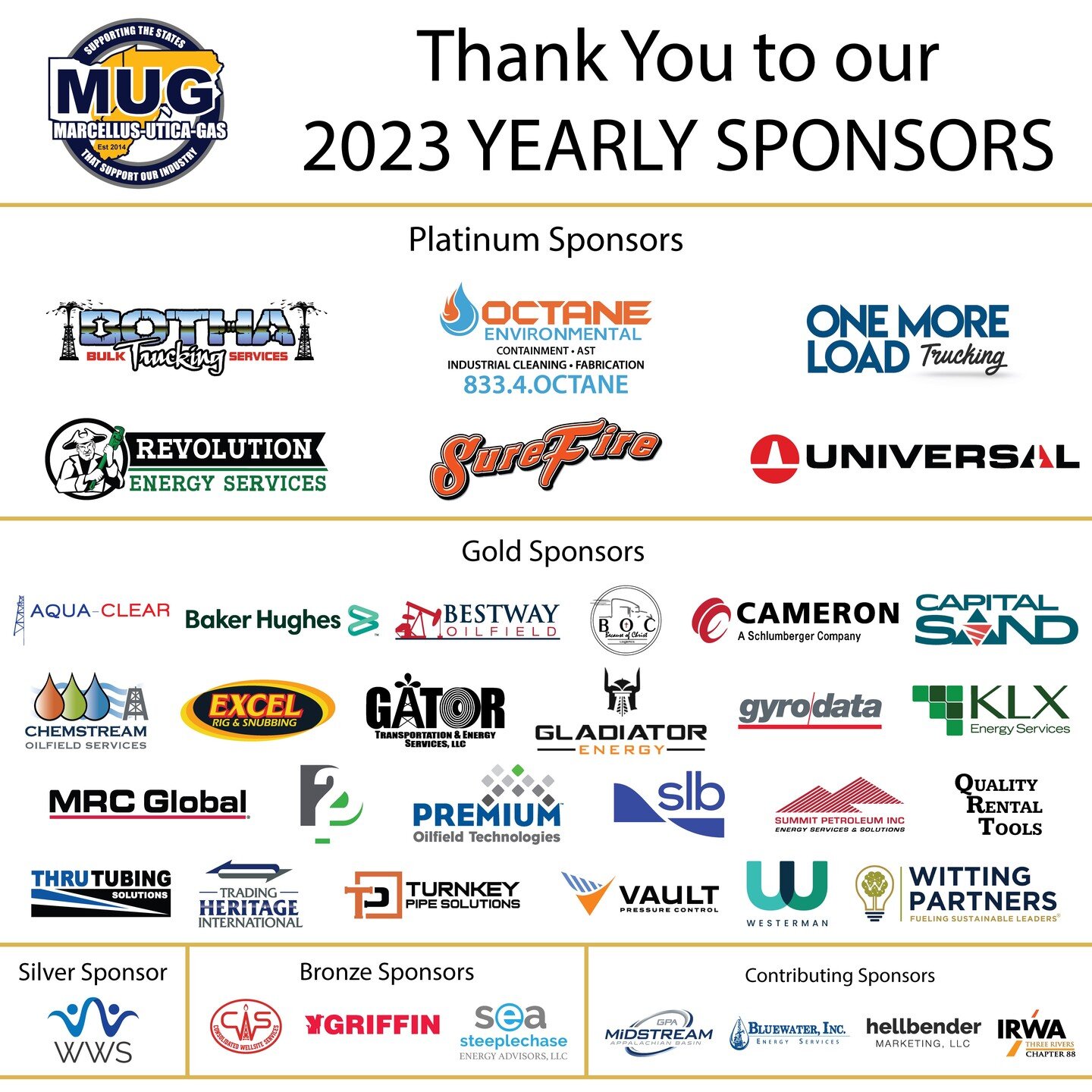 Our 2023 Yearly Sponsorships are in the books. Thank you to all of the companies and their generosity. We're excited to hit the ground running with our Happy Hours and Golf Scramble and give back to the communities we work and live in! #MUG #OilAndGa