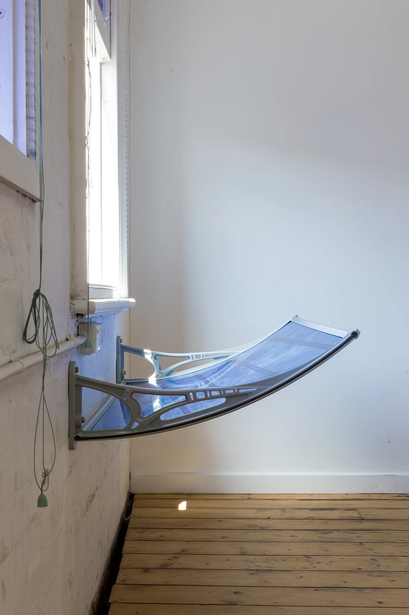 Virginia Overell, Under the water / the words go on , 2017 digital print on metallic paper, polycarbonate canopy photo by André Piguet