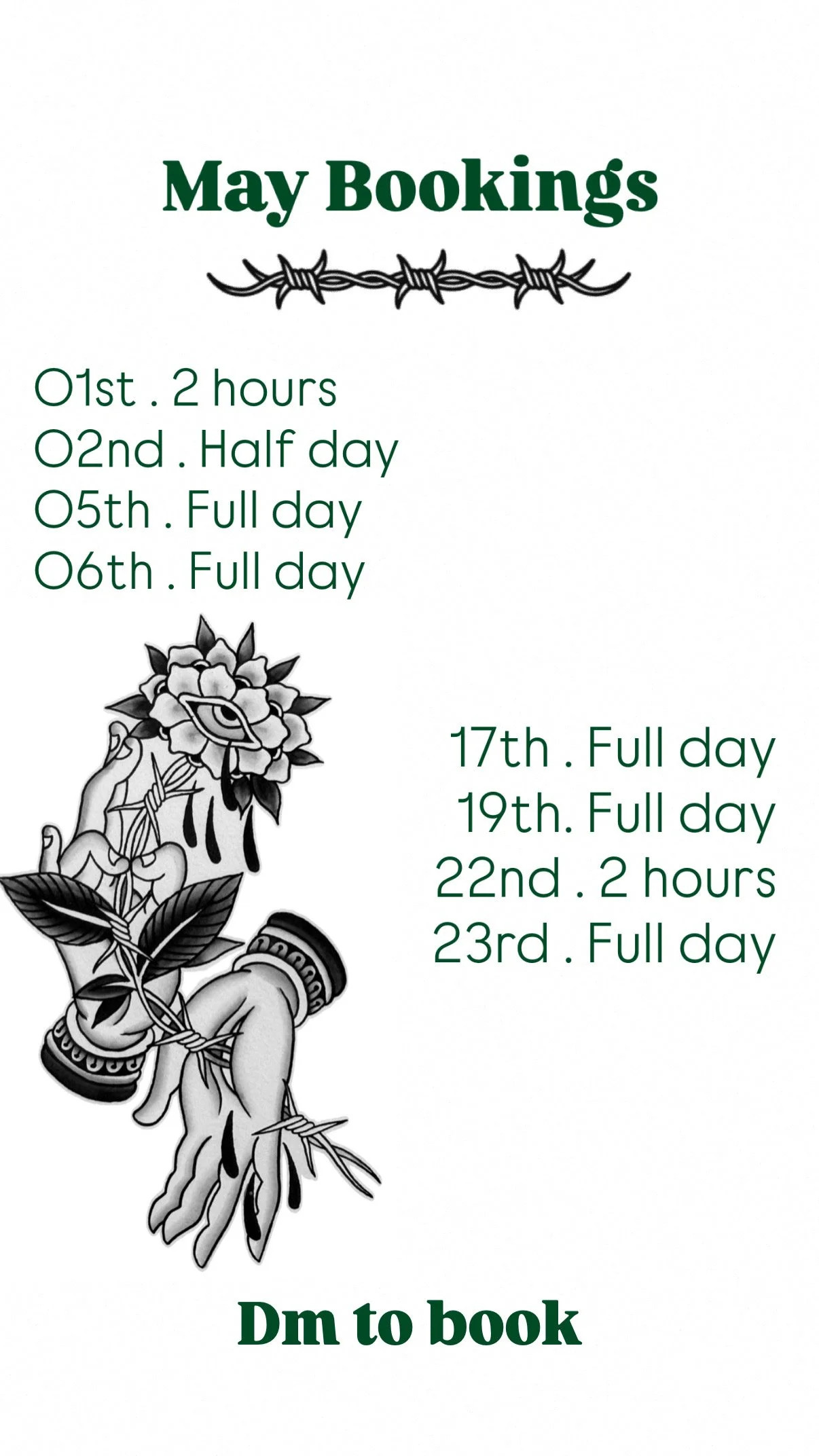 Tattoo booking availability for May at Louielou Tattoo