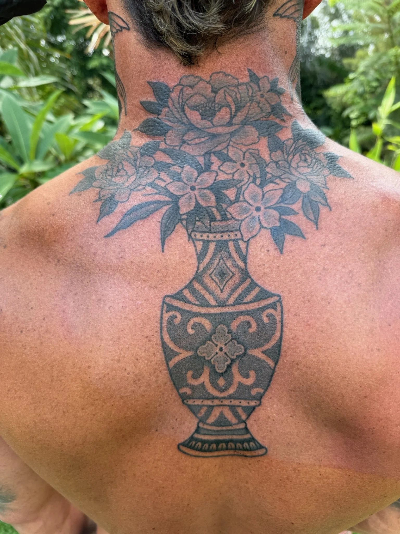 traditional vase tattoo back piece