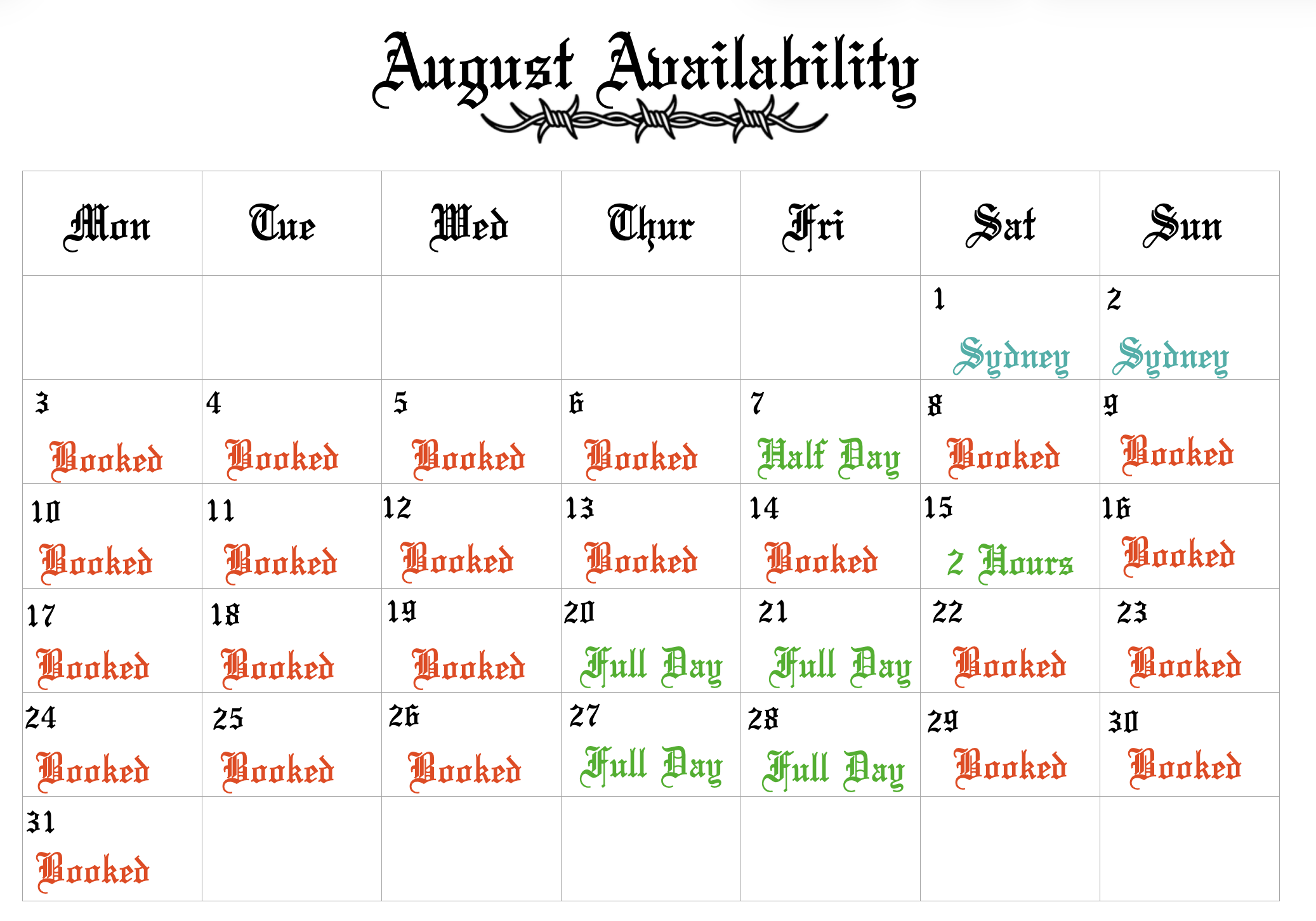 August Availability is running out! 