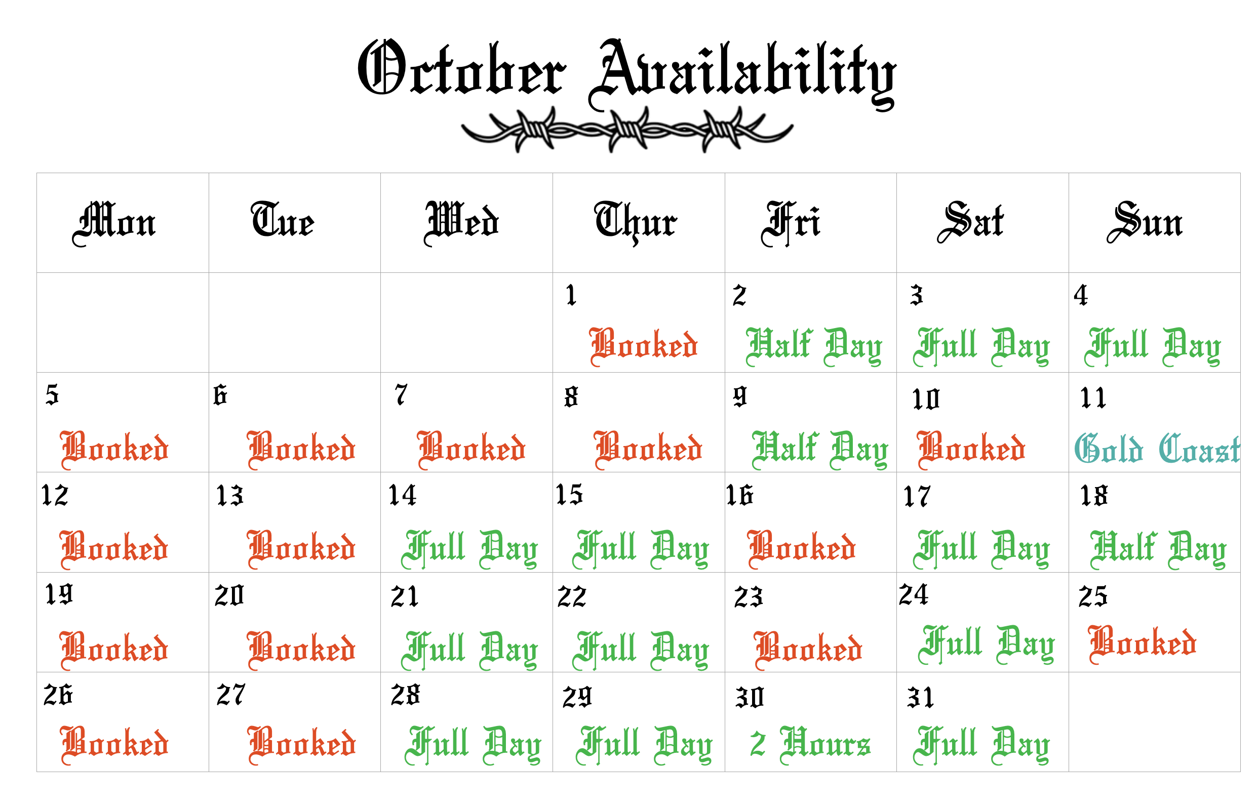 October Bookings now Open! 