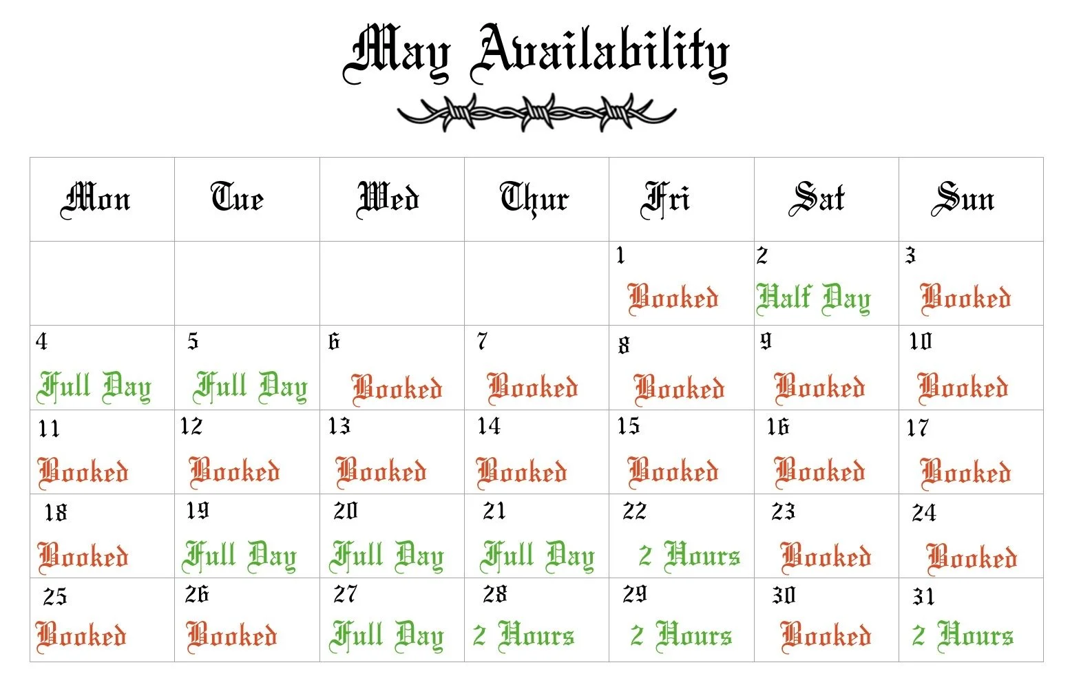 Available bookings may tattoo studio central coast