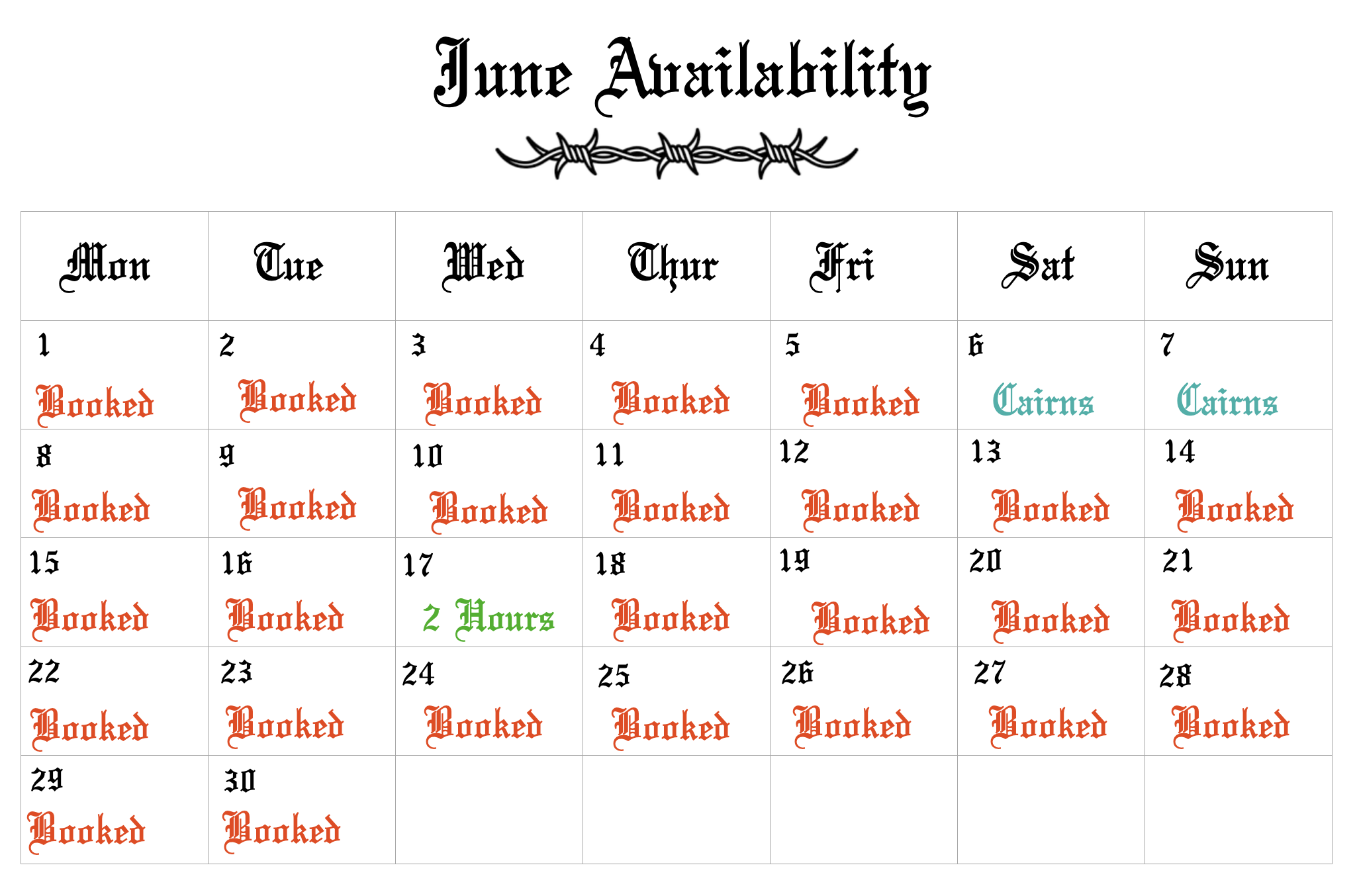 available tattoo bookings june 2026 central coast tattoo studio