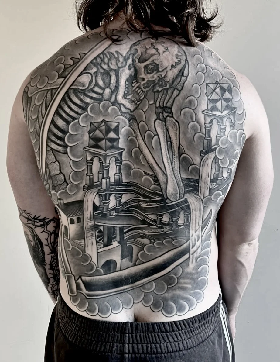 japanese gashadokuro tattoo back piece black and grey skeleton