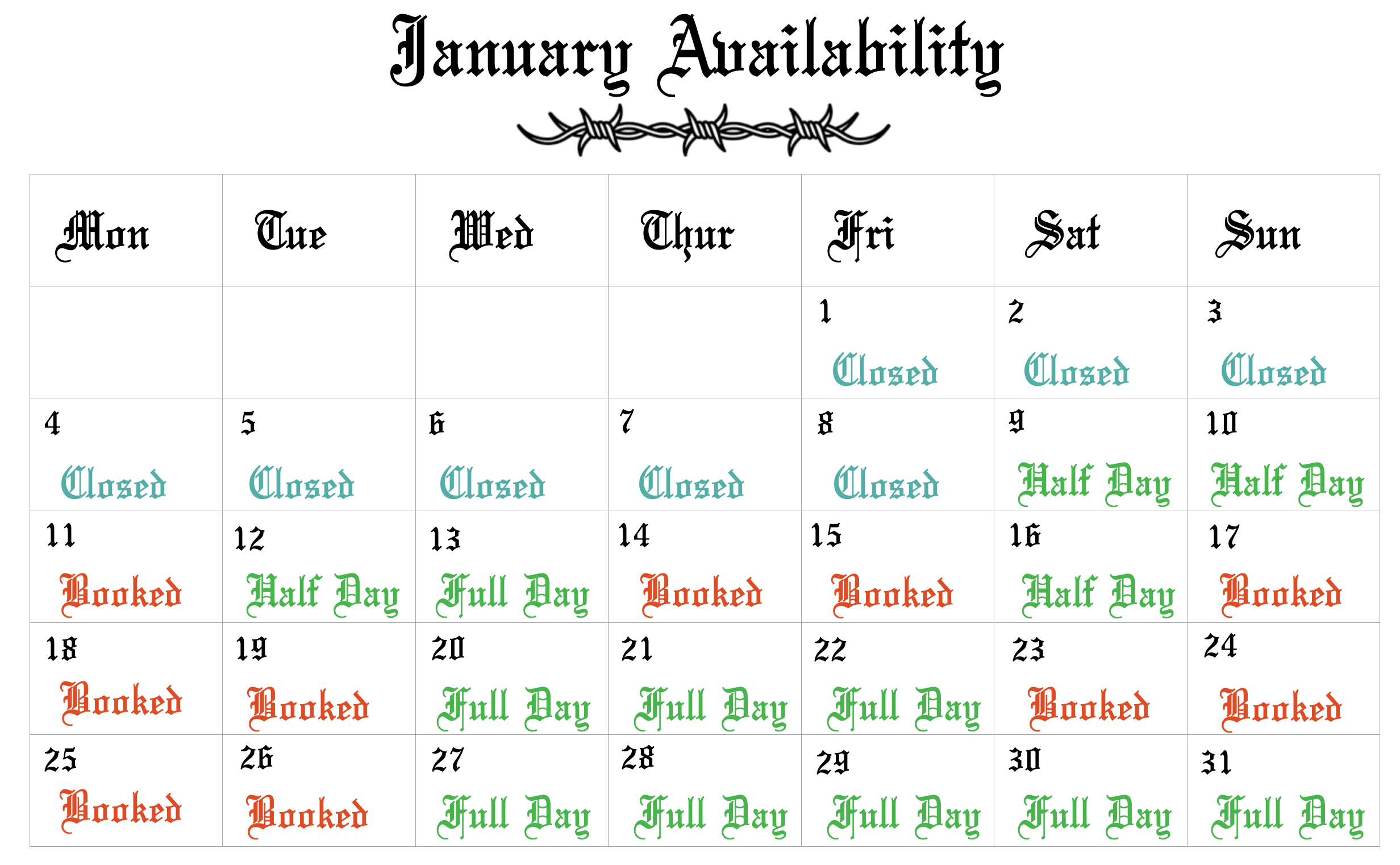 tattoo studio central coast january 2027availability