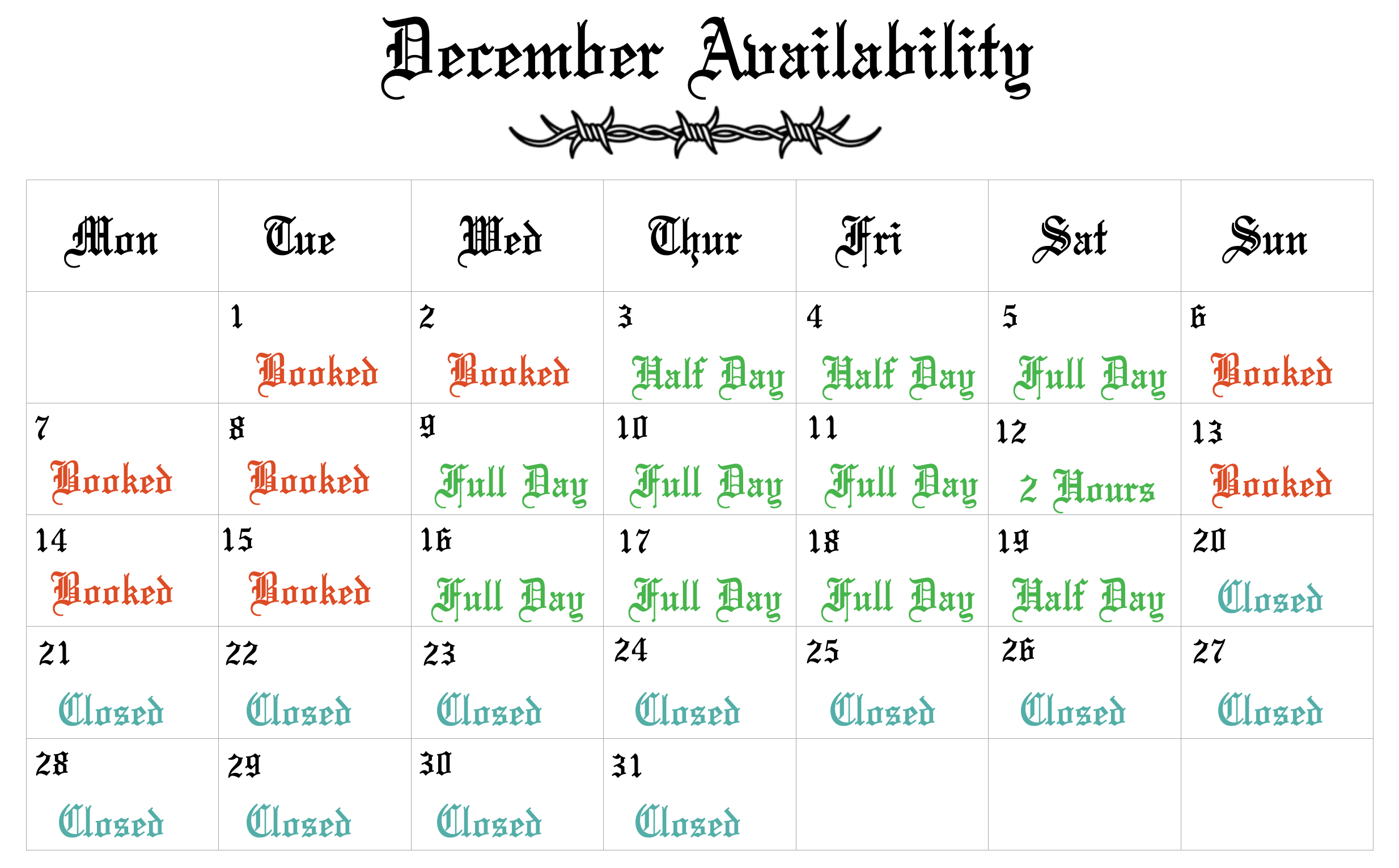 tattoo studio central coast november 2026 availability