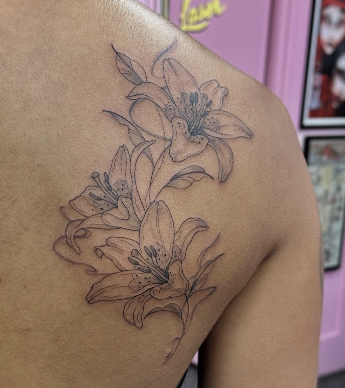 fine line black and grey flower tattoo guest artist central coast