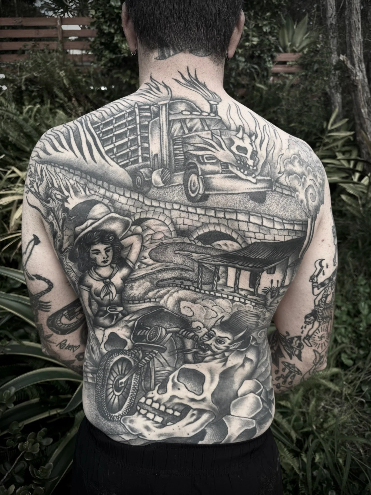 back tattoo black and grey traditional