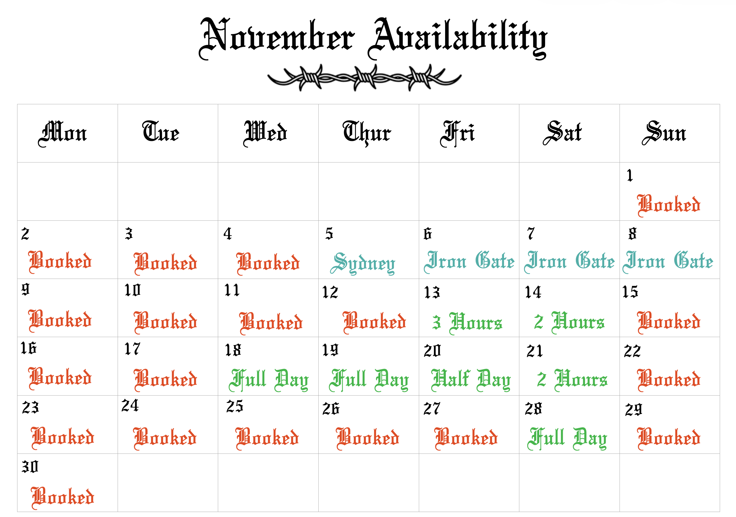 central coast tattoo studio bookings november