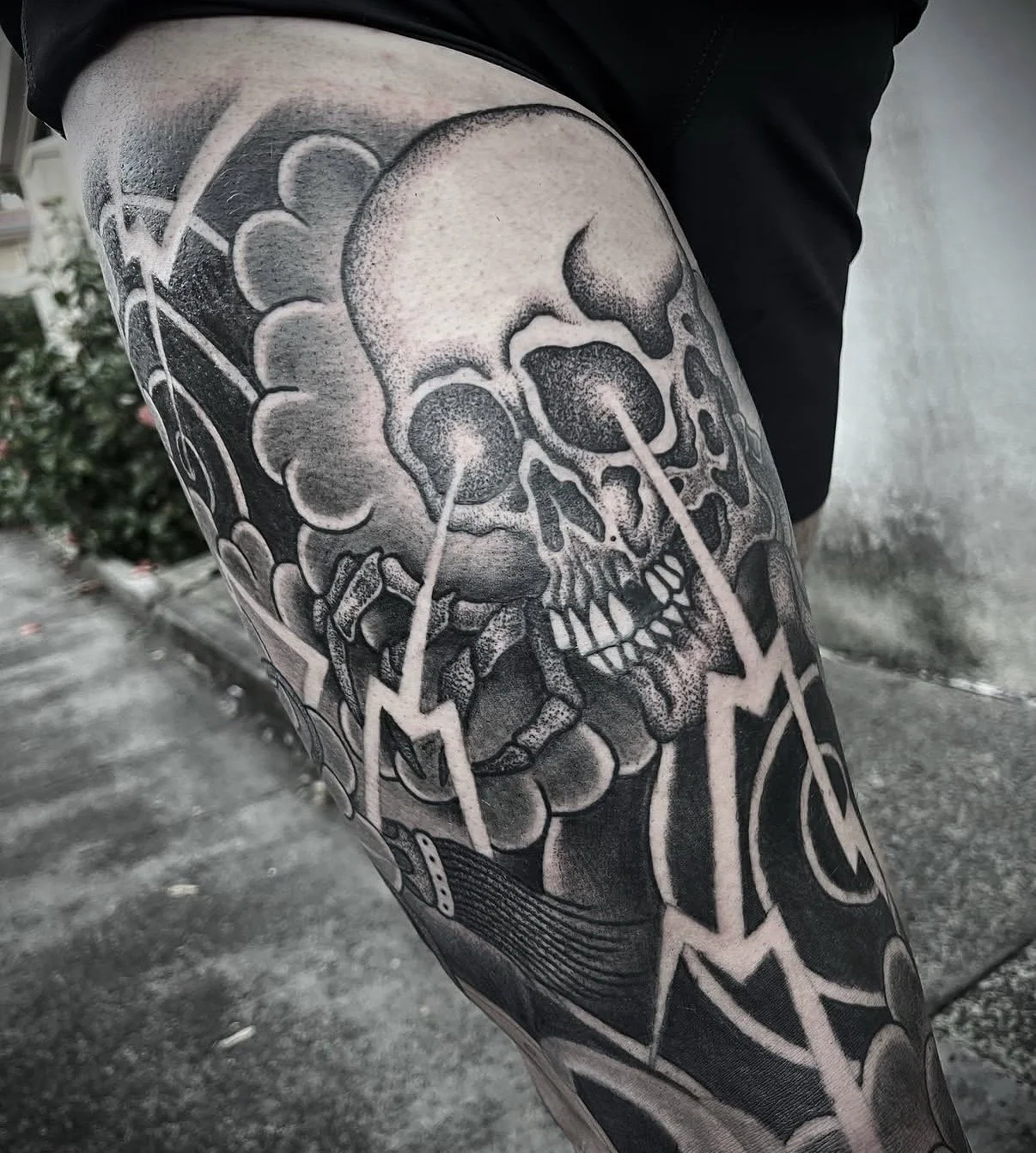 japanese skull tattoo upper thigh black and grey central coast tattoo studio