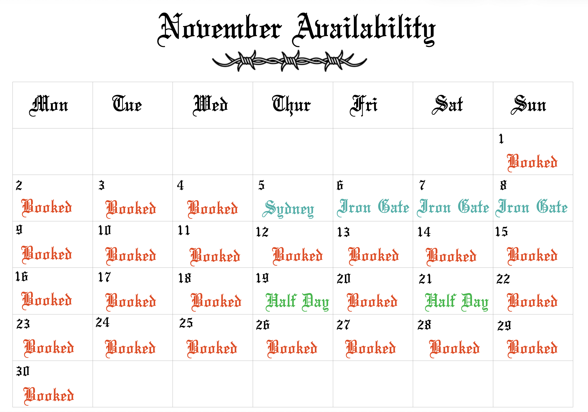 tattoo studio central coast november 2026 availability