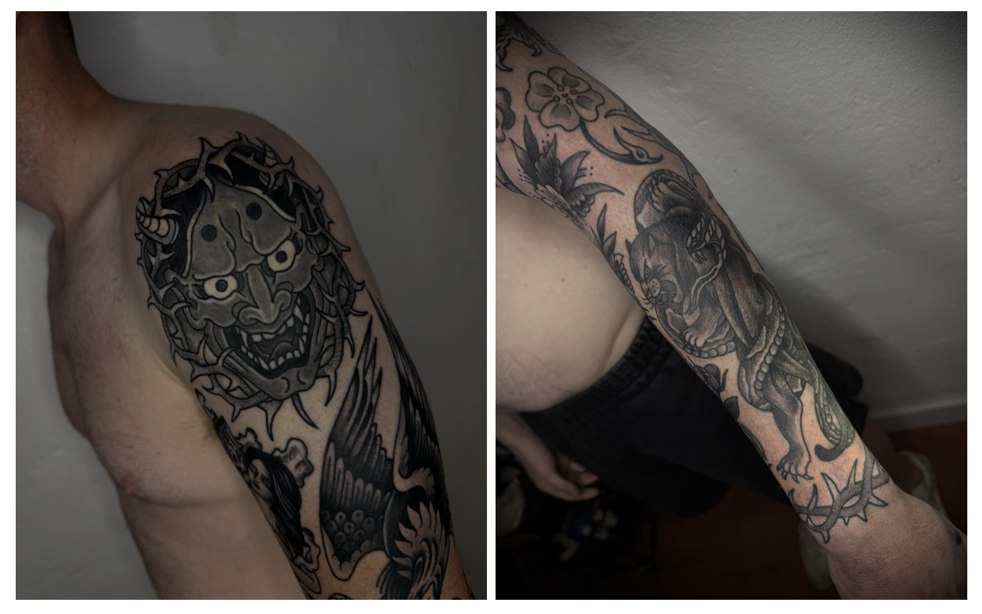upper arm tattoo lack and grey and outer forearm tattoo
