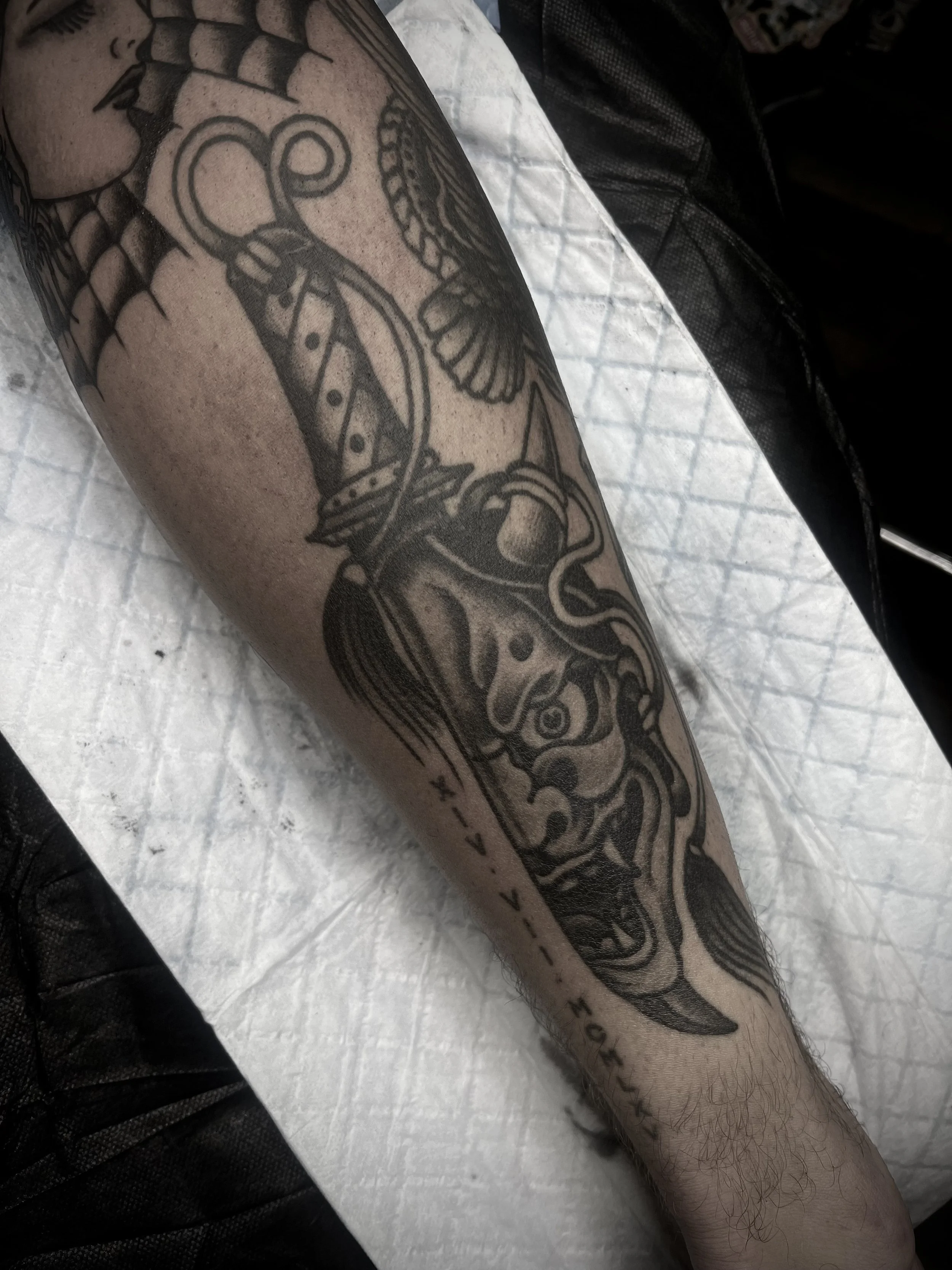 japanese hannya and dagger tattoo leg