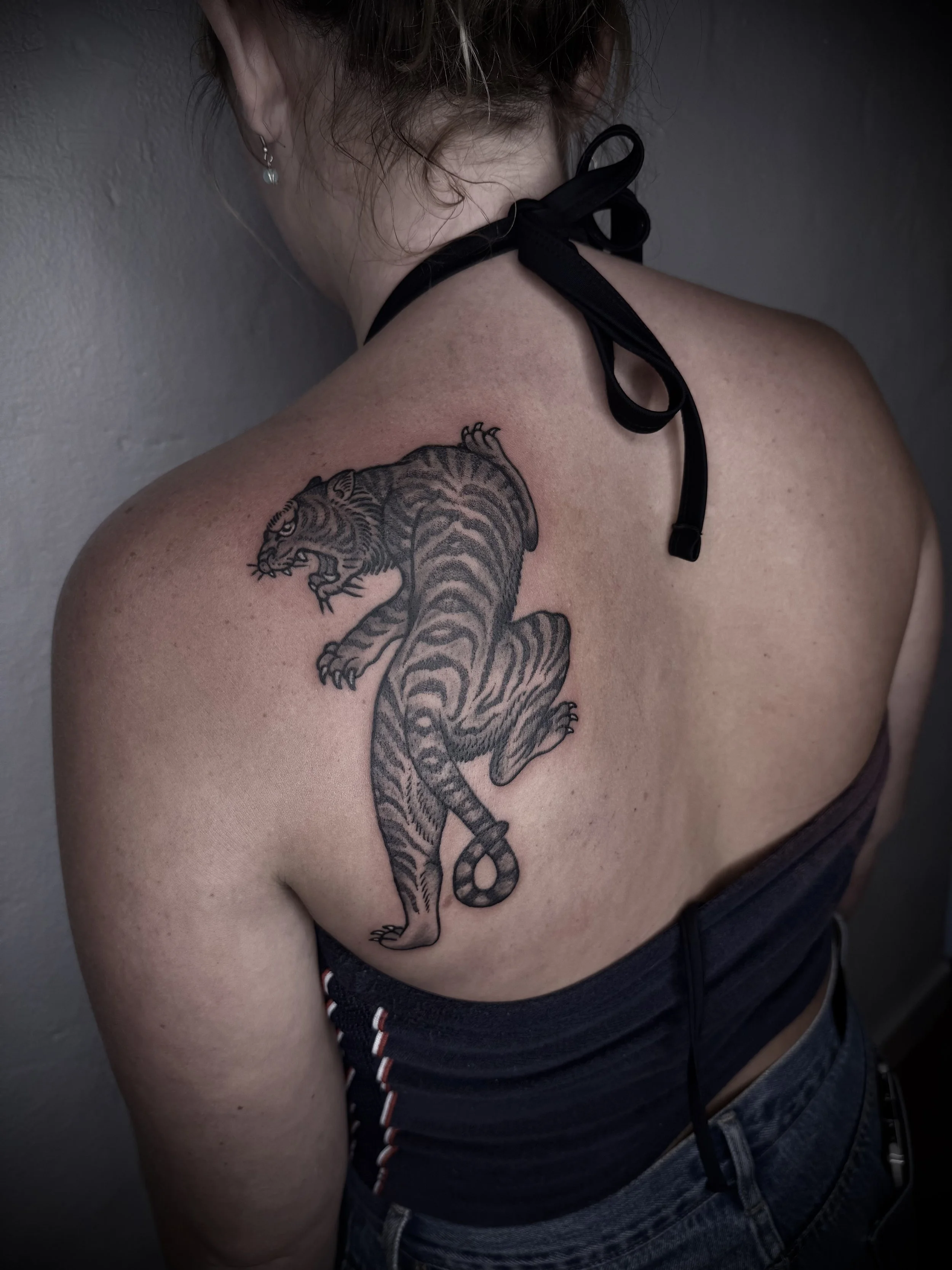 traditional tiger tattoo on shoulder