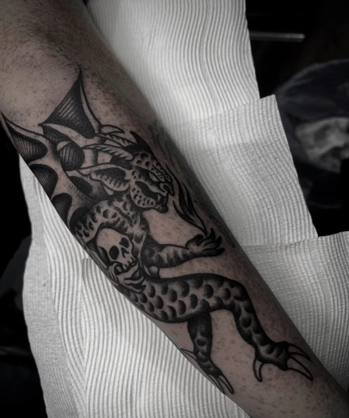traditional demon tattoo black and grey arm tattoo