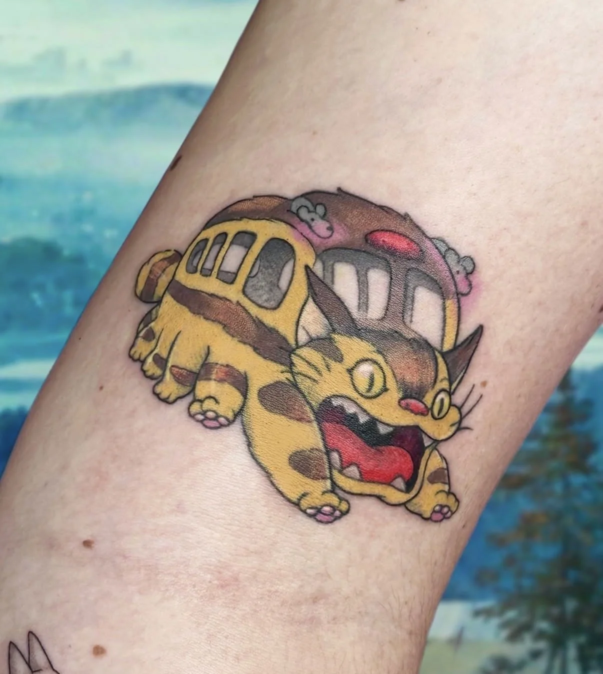 studio ghibli cat bus fine line colour tattoo central coast