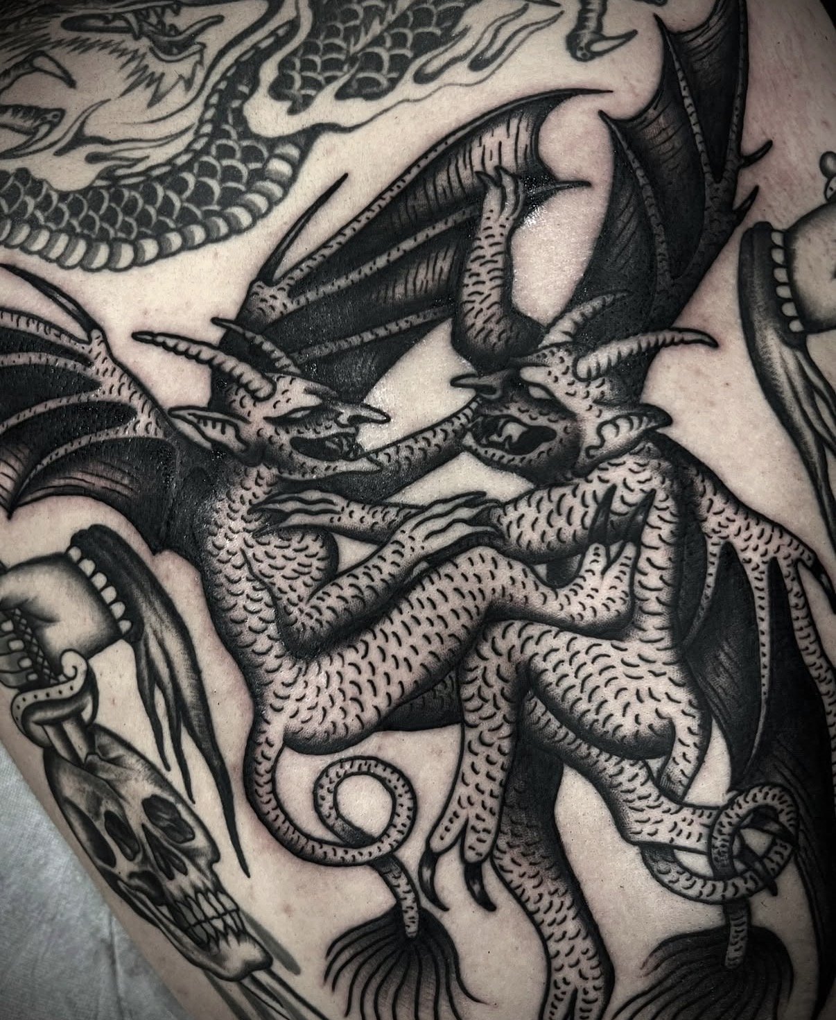 traditional demon tattoo stomach black and grey traditional