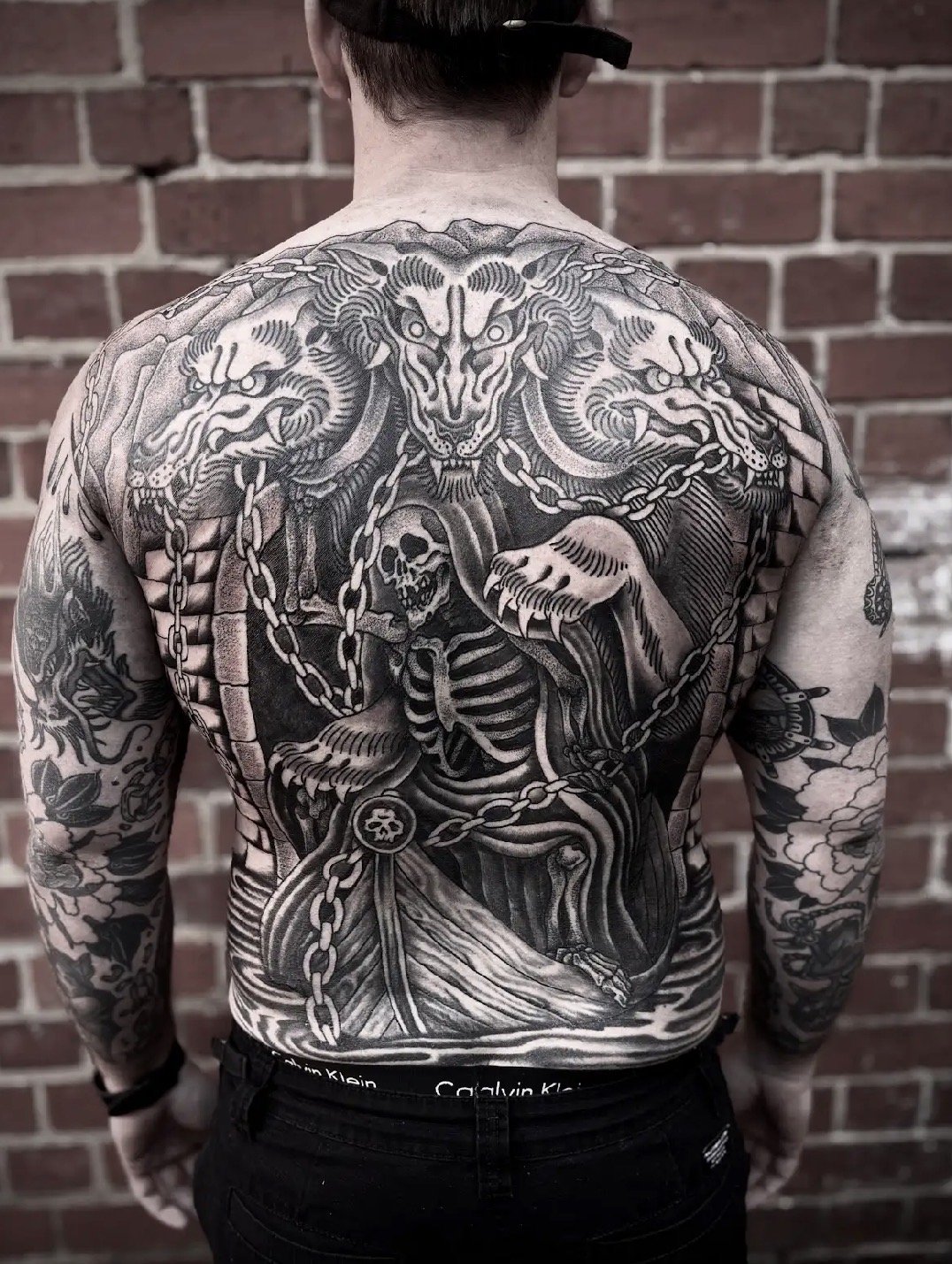 full back piece black and grey greek mythology cerberues and charon