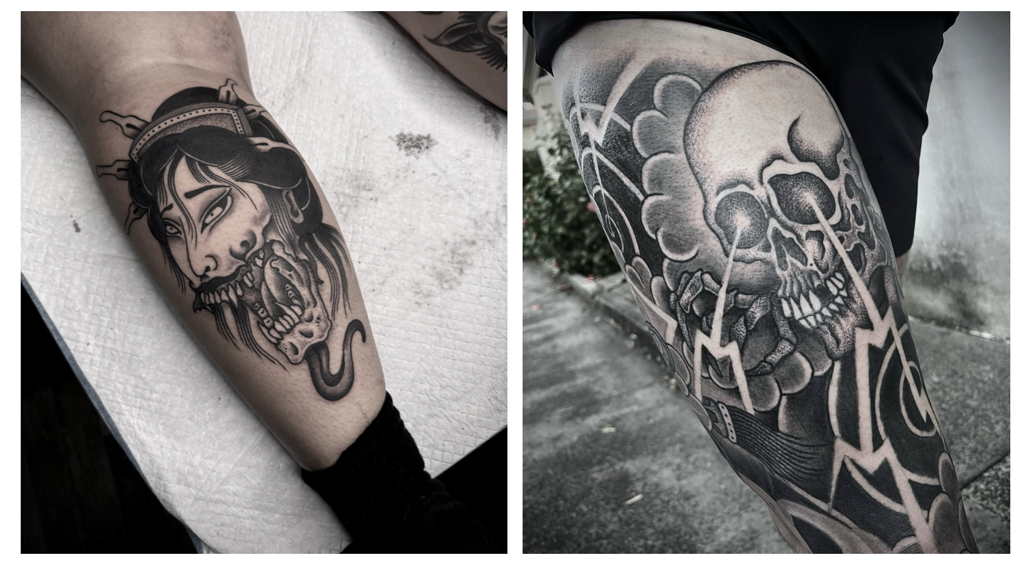 calf and thigh tattoo black and grey traditional japanese